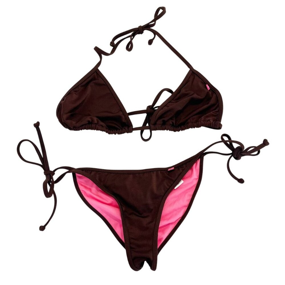 Doll Swimwear Brown Tie String Ruched Bikini Set Triangle Minimalist Size M/L